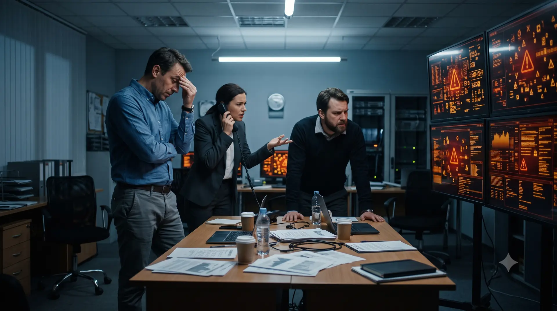 A tense operations room at night: three worried employees in front of wall monitors full of red warnings