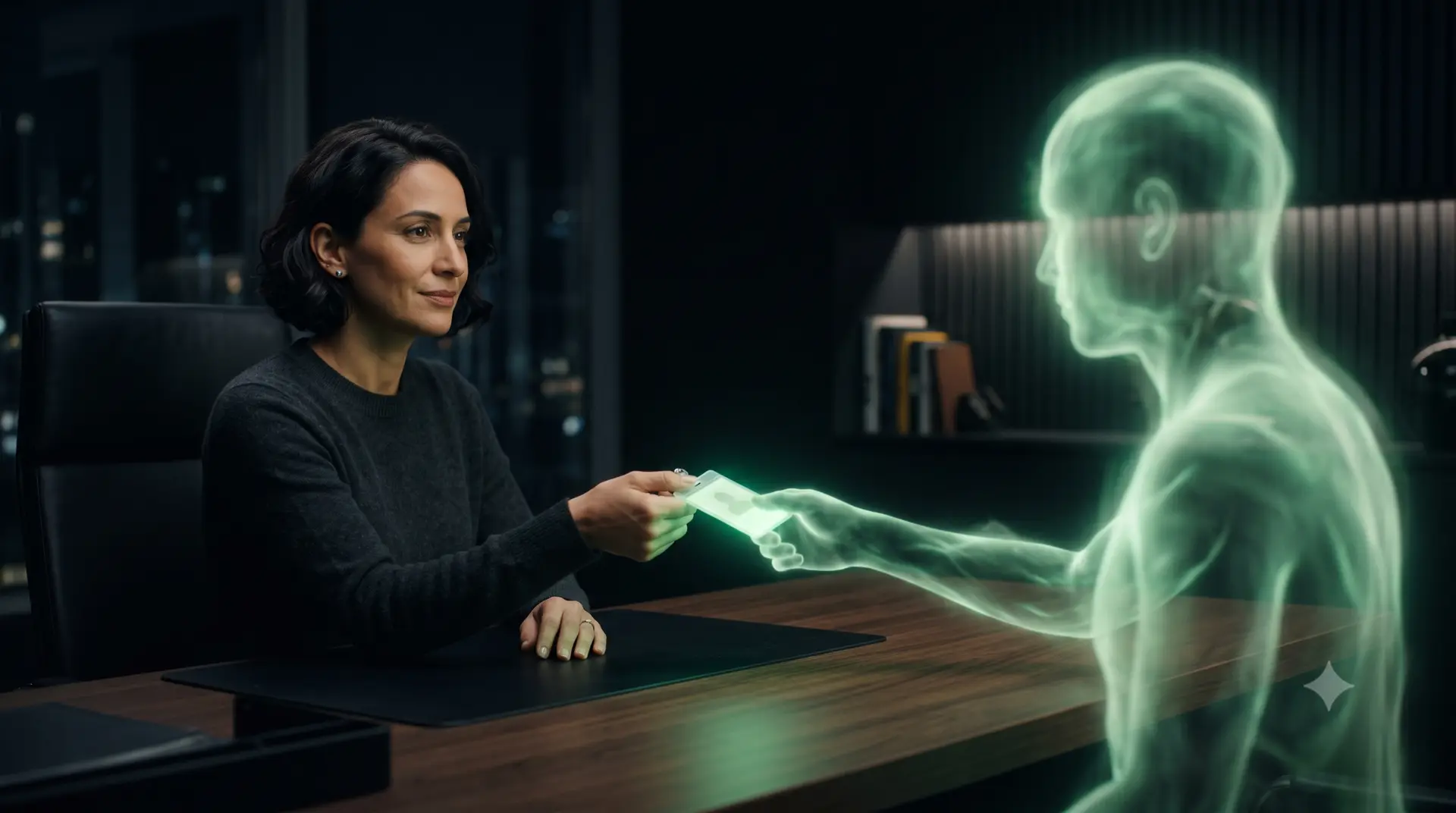 A calm executive hands a glowing green ID badge across a desk to a translucent figure of light, like a new hire
