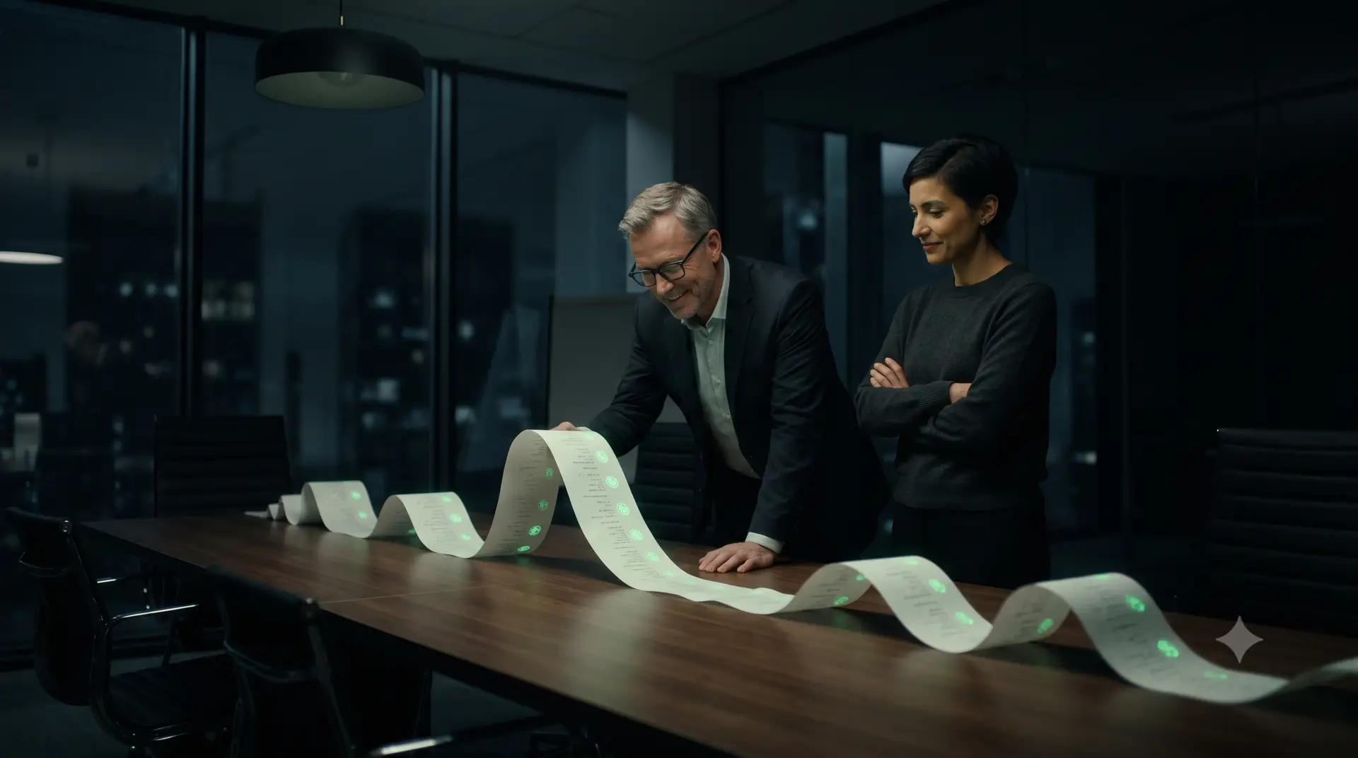 An auditor smiles over a long paper ledger with glowing green seals unrolled across a boardroom table