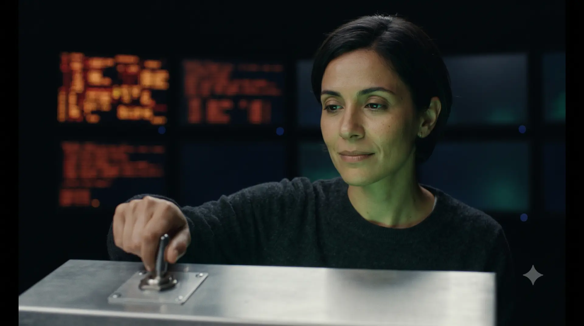 A woman calmly flips a physical kill switch on a metal console; chaotic red screens go dark behind her
