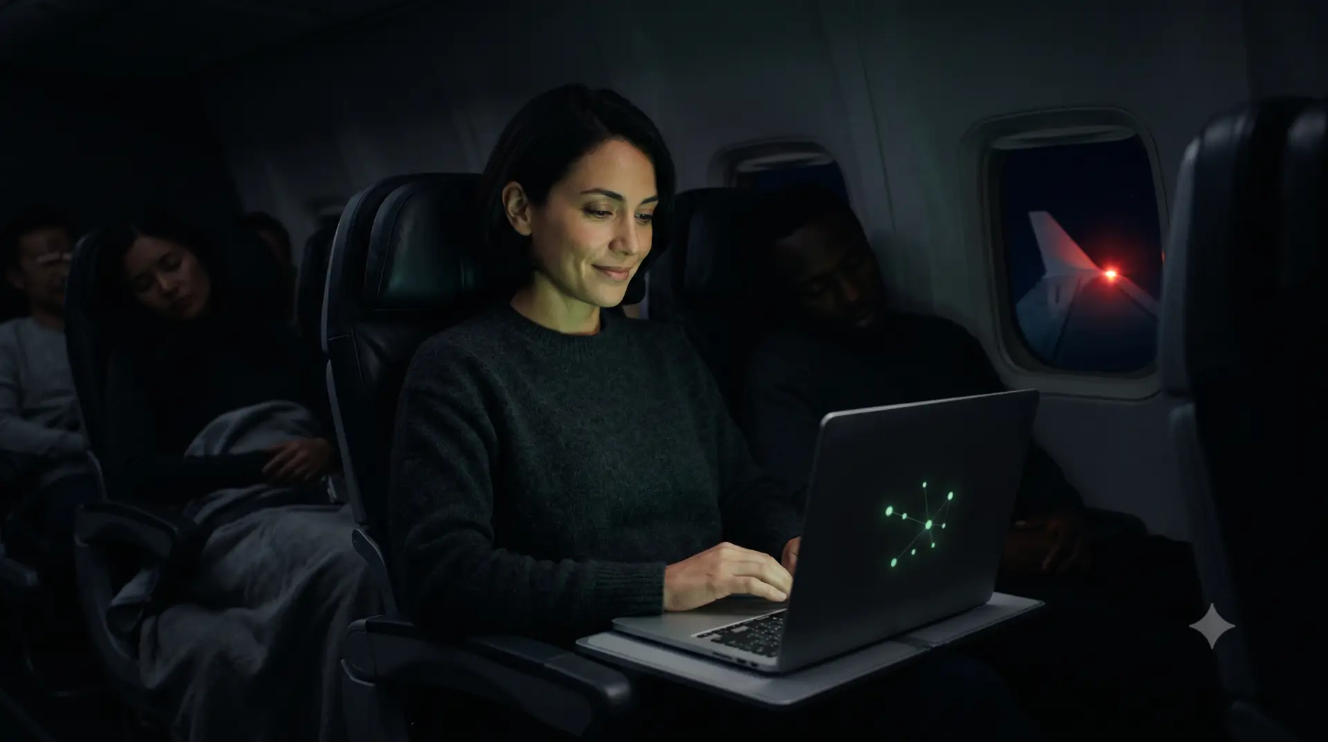 A passenger works serenely on a night flight, her laptop showing a small constellation of green dots
