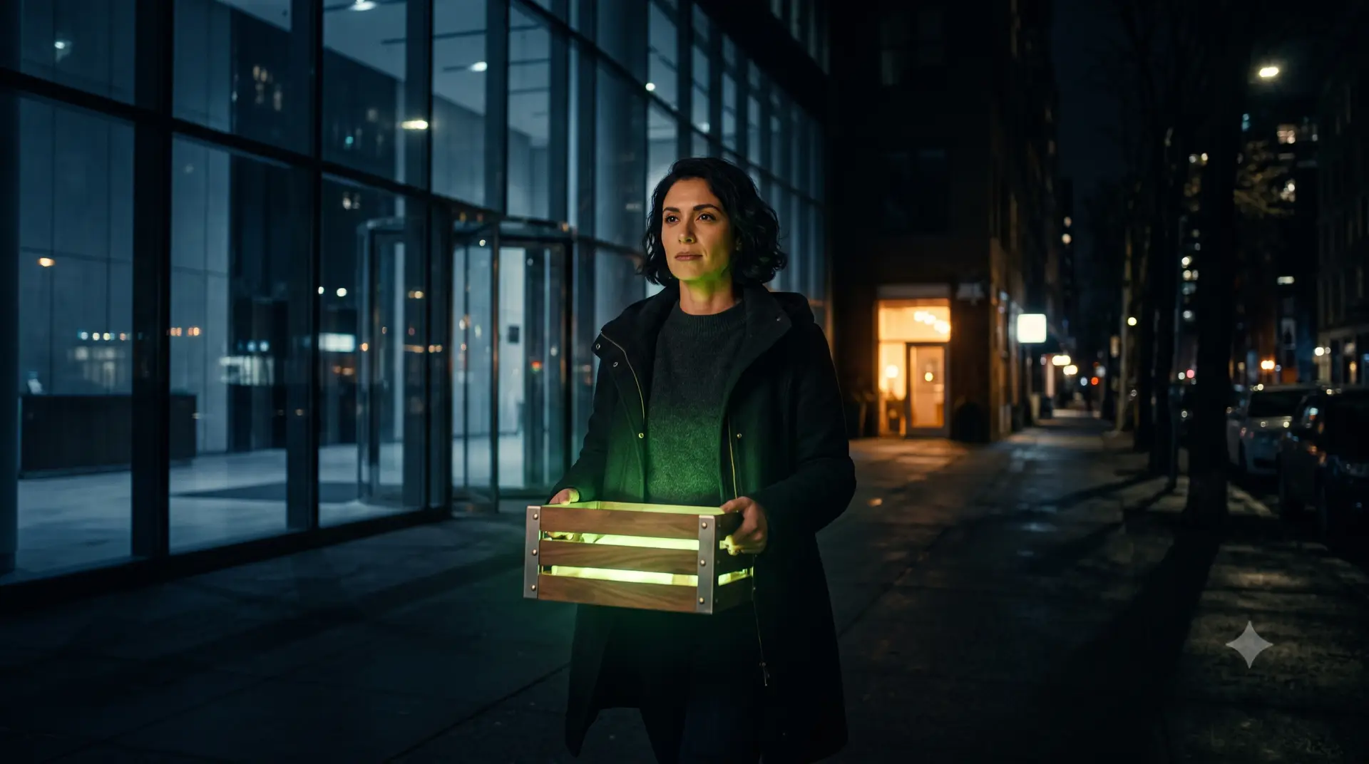 A woman carries a small crate glowing green out of a corporate tower, heading to her own studio