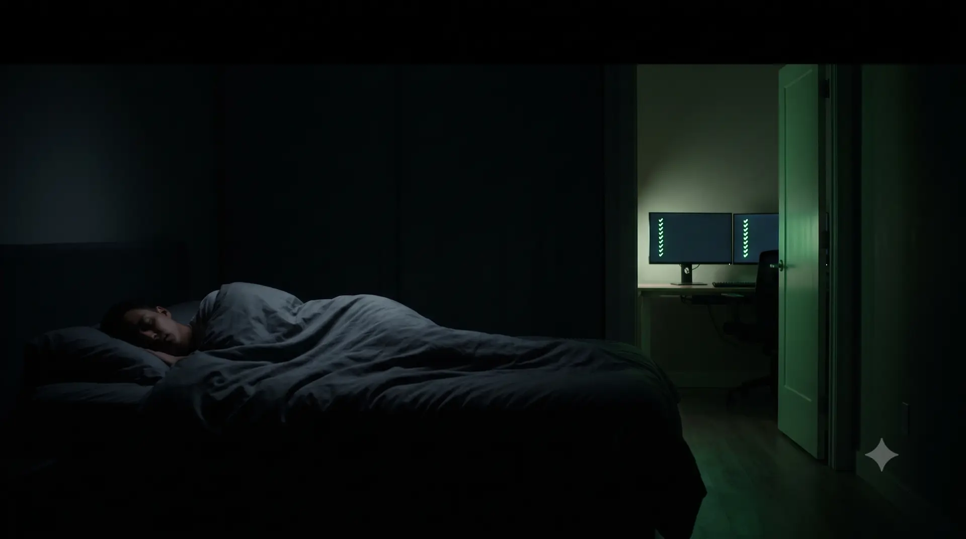 Someone sleeps peacefully while monitors in the next room quietly fill with green check marks