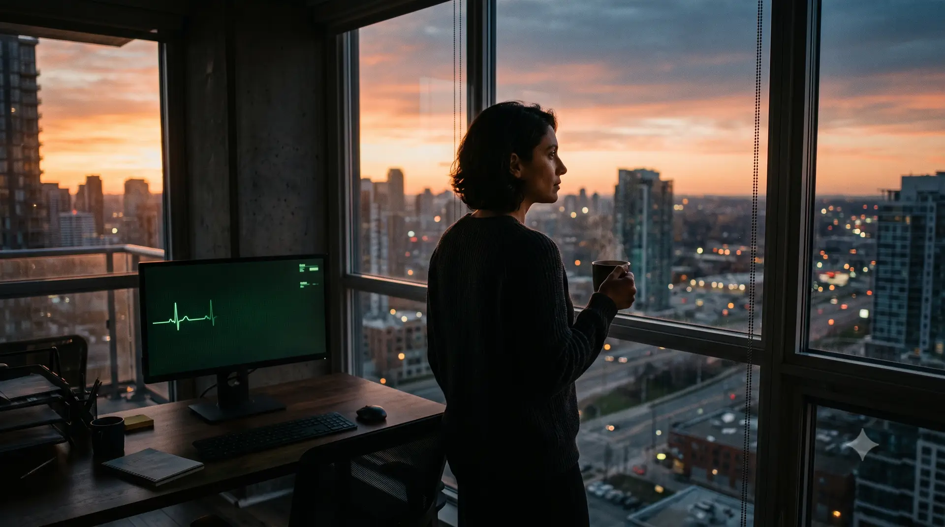 A founder watches dawn break over the city, one monitor behind her showing a steady green heartbeat line